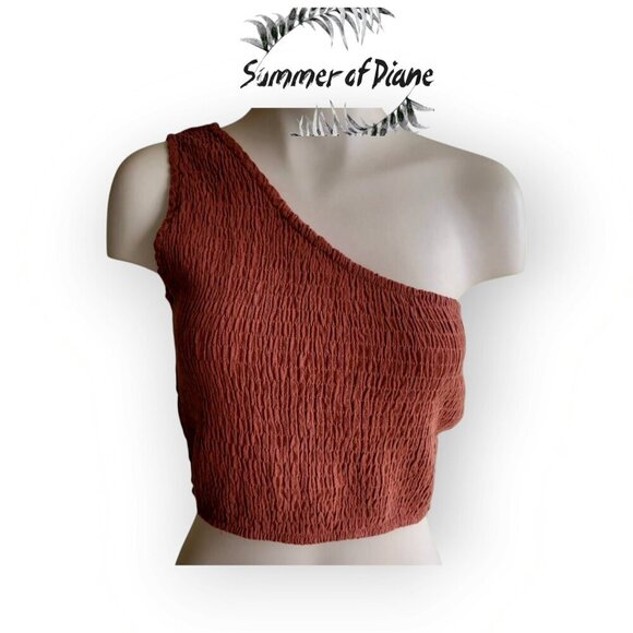 ASOS Summer Of Diane x Vici one-shoulder crinkly top in terracotta NWT size L - Picture 11 of 11